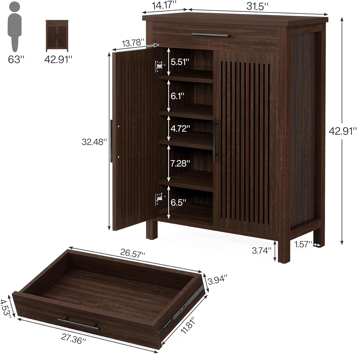 Rustic Brown Farmhouse Shoe Cabinet with Drawer