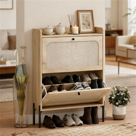 Narrow Shoe Cabinet with Rattan Doors and Oak Finish