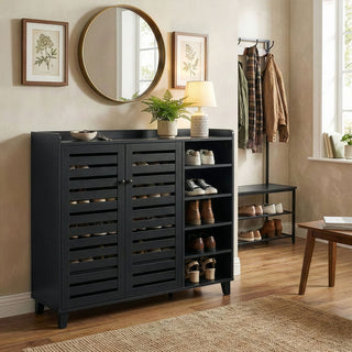 Black Shoe Cabinet with 2 Doors and 5 Open Compartments