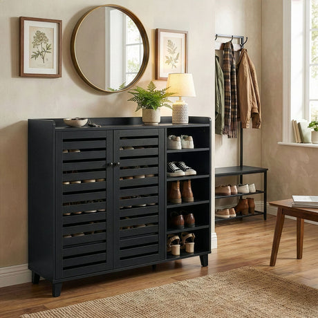 Black Shoe Cabinet with 2 Doors and 5 Open Compartments