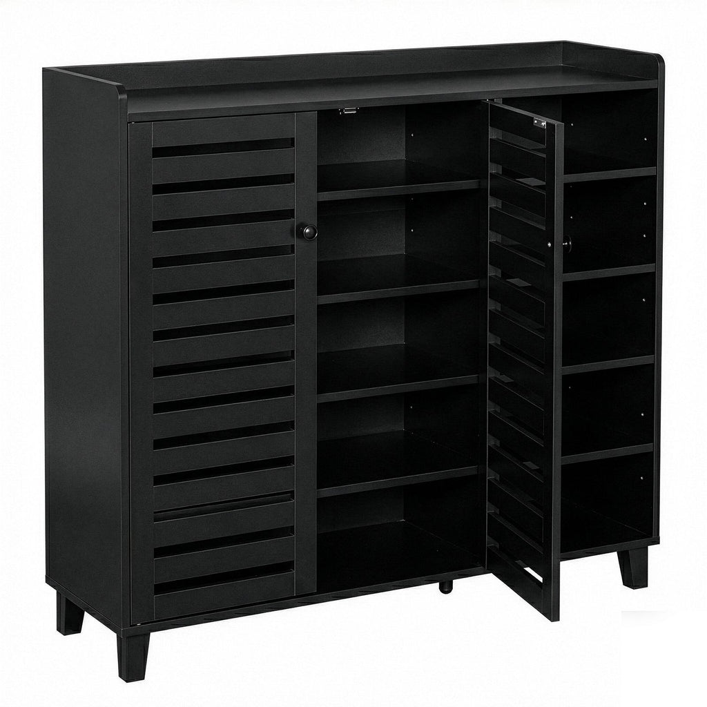 Black Shoe Cabinet with 2 Doors and 5 Open Compartments