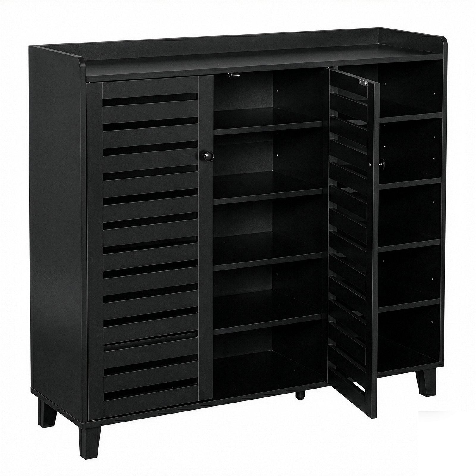 Black Shoe Cabinet with 2 Doors and 5 Open Compartments