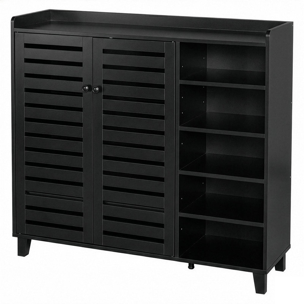 Black Shoe Cabinet with 2 Doors and 5 Open Compartments