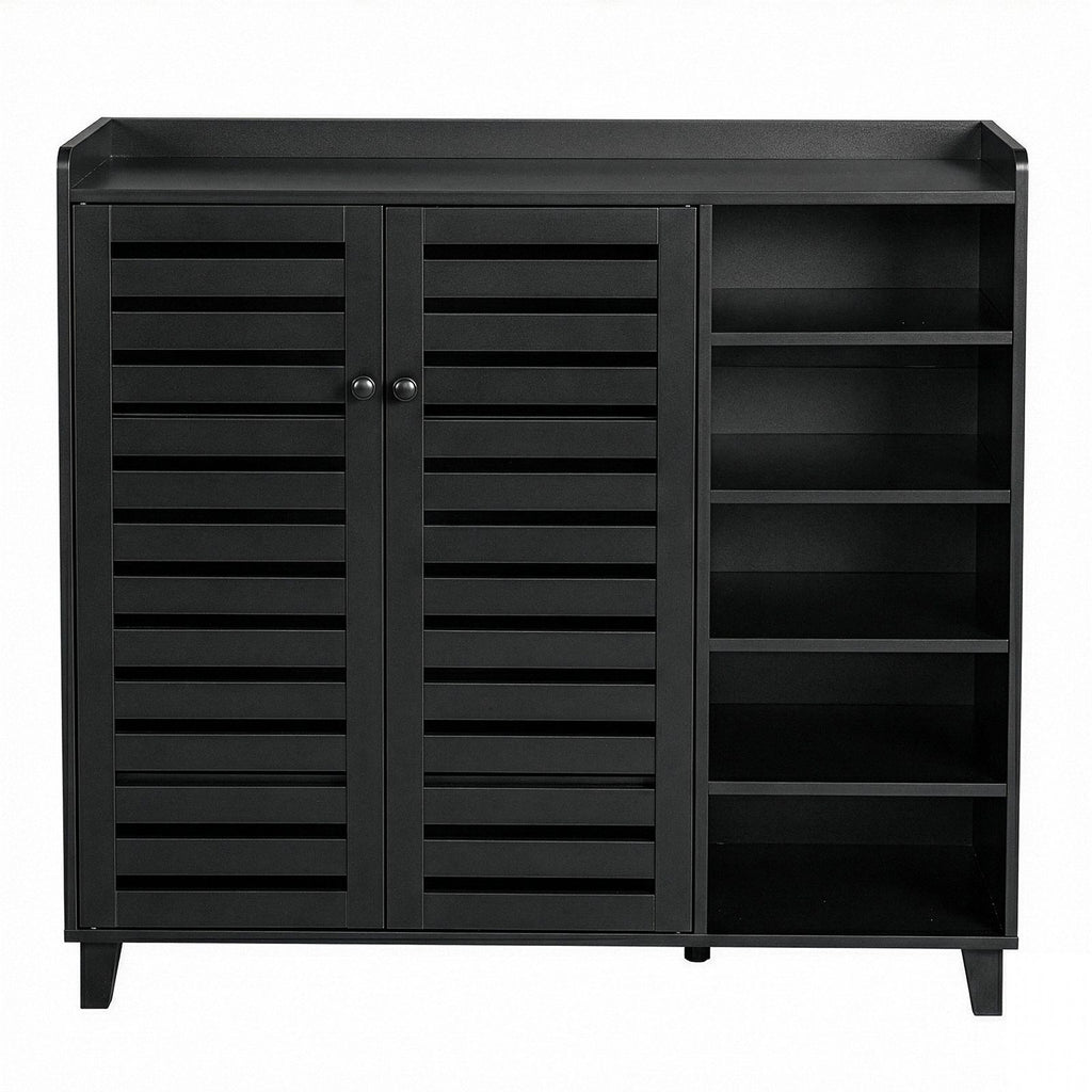 Black Shoe Cabinet with 2 Doors and 5 Open Compartments