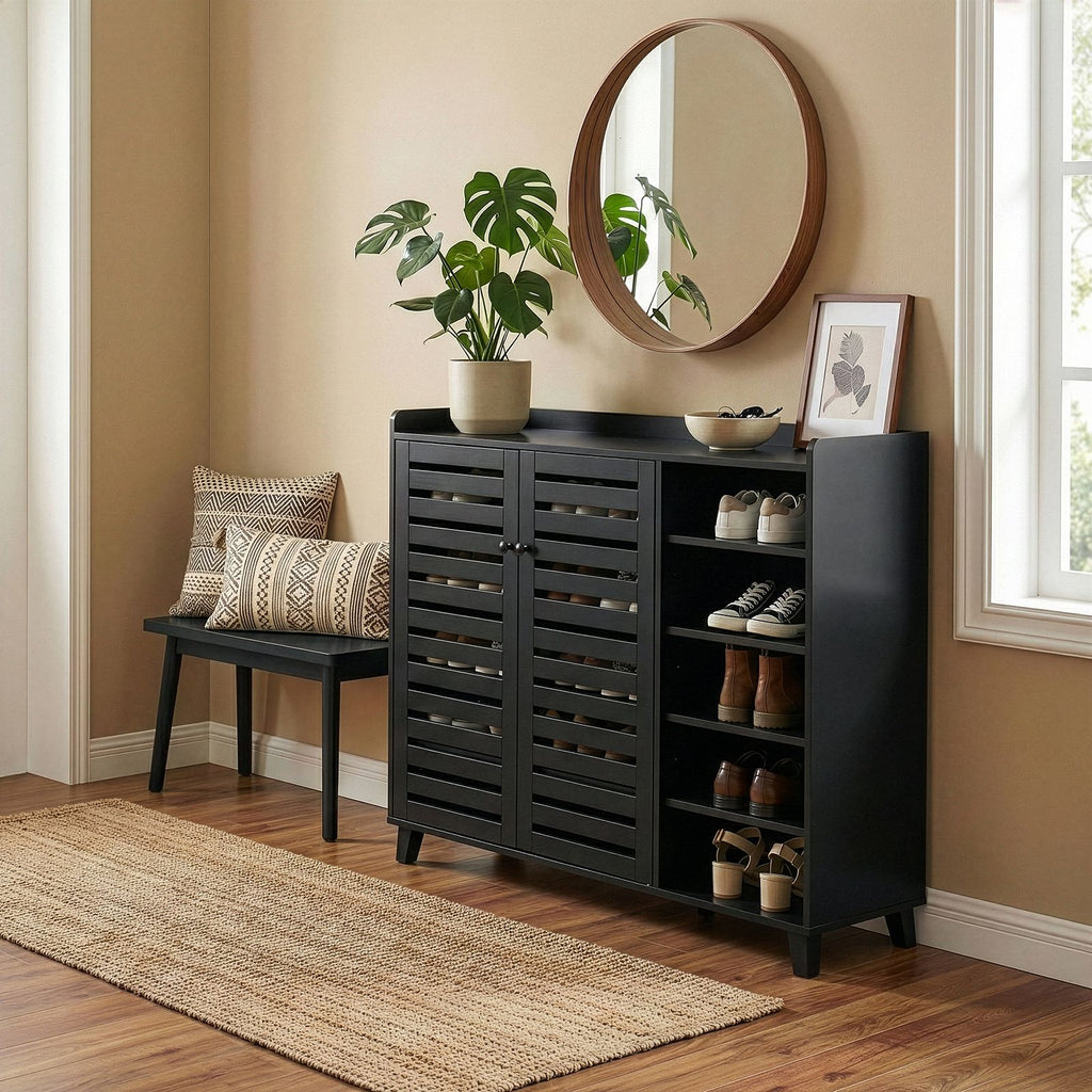 Black Shoe Cabinet with 2 Doors and 5 Open Compartments