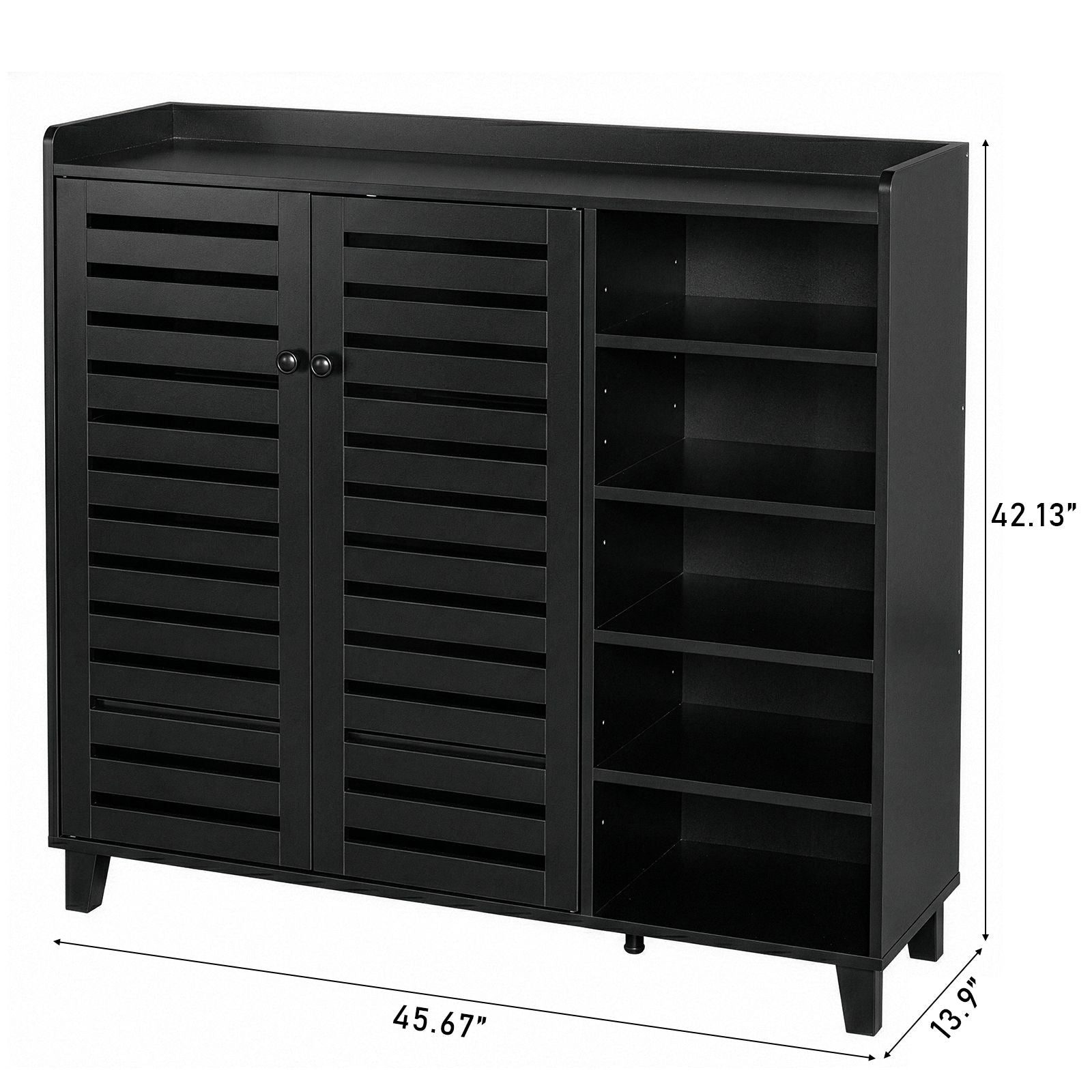 Black Shoe Cabinet with 2 Doors and 5 Open Compartments