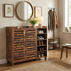 Weathered Wood Shoe Cabinet with Doors and Open Shelves