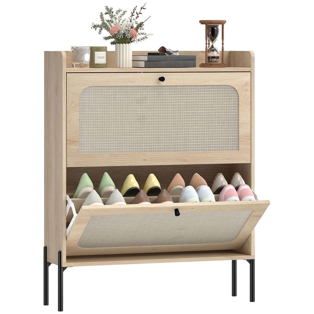Boho Narrow Shoe Cabinet with 2 Flip Drawers – Compact Entryway Organizer