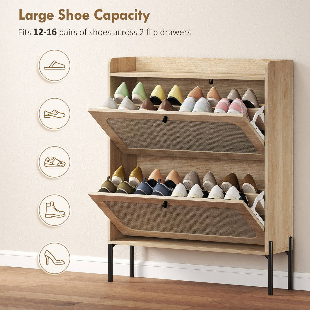 Boho Narrow Shoe Cabinet with 2 Flip Drawers – Compact Entryway Organizer