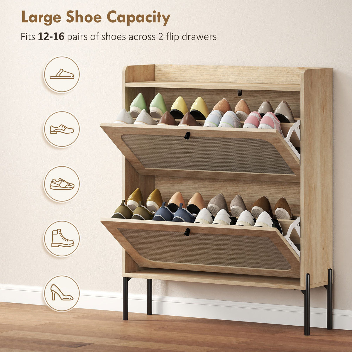 Boho Narrow Shoe Cabinet with 2 Flip Drawers – Compact Entryway Organizer