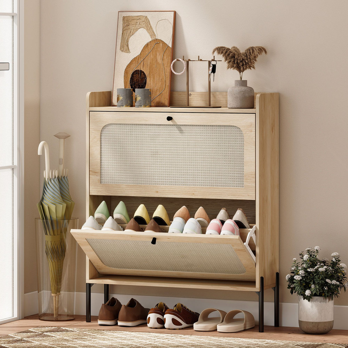 Boho Narrow Shoe Cabinet with 2 Flip Drawers – Compact Entryway Organizer