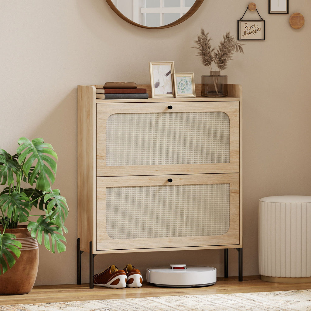 Boho Narrow Shoe Cabinet with 2 Flip Drawers – Compact Entryway Organizer