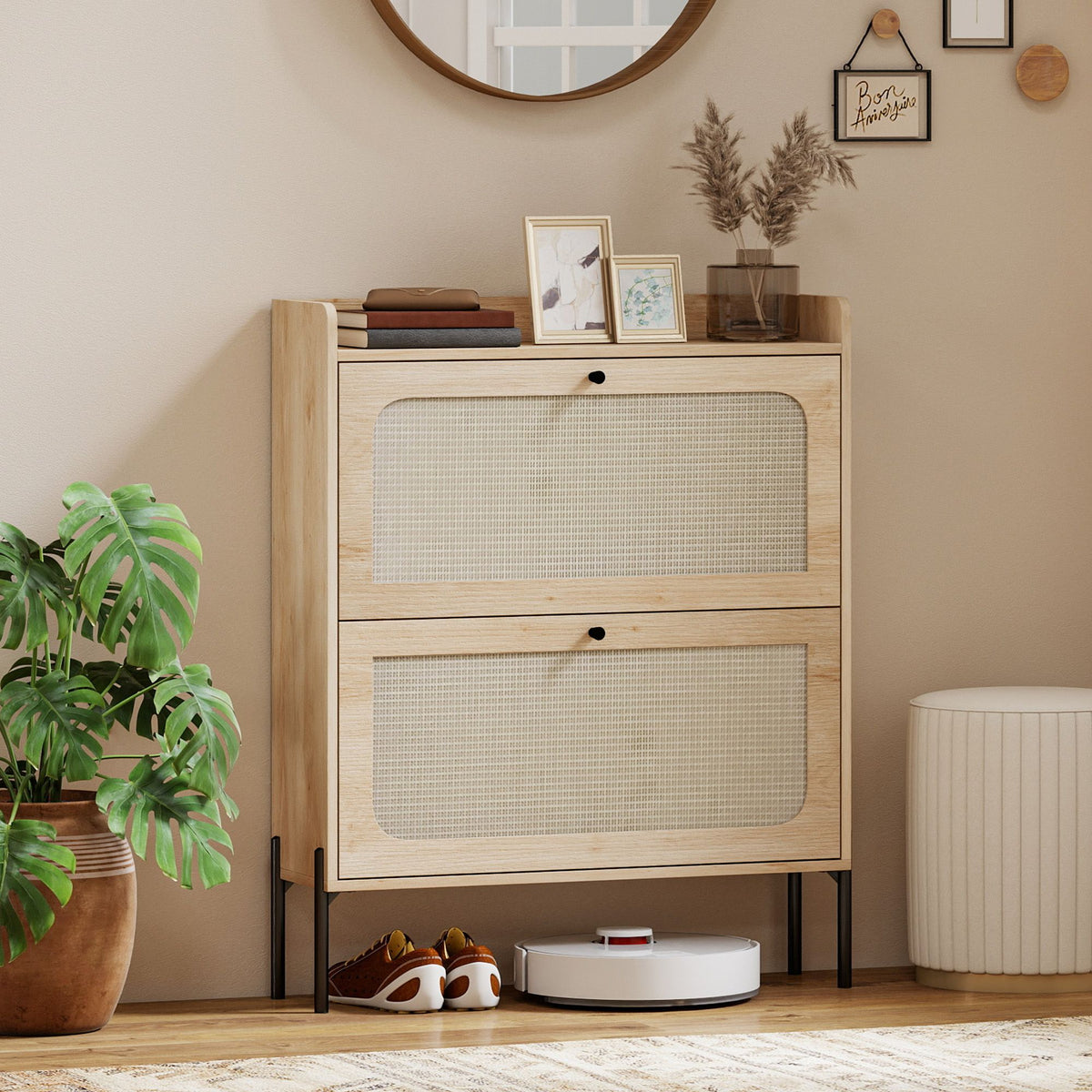 Boho Narrow Shoe Cabinet with 2 Flip Drawers – Compact Entryway Organizer