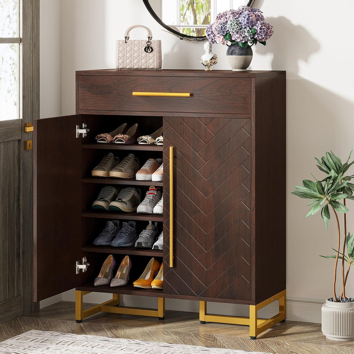 Modern Shoe Cabinet with Drawer and Adjustable Shelves for Entryway