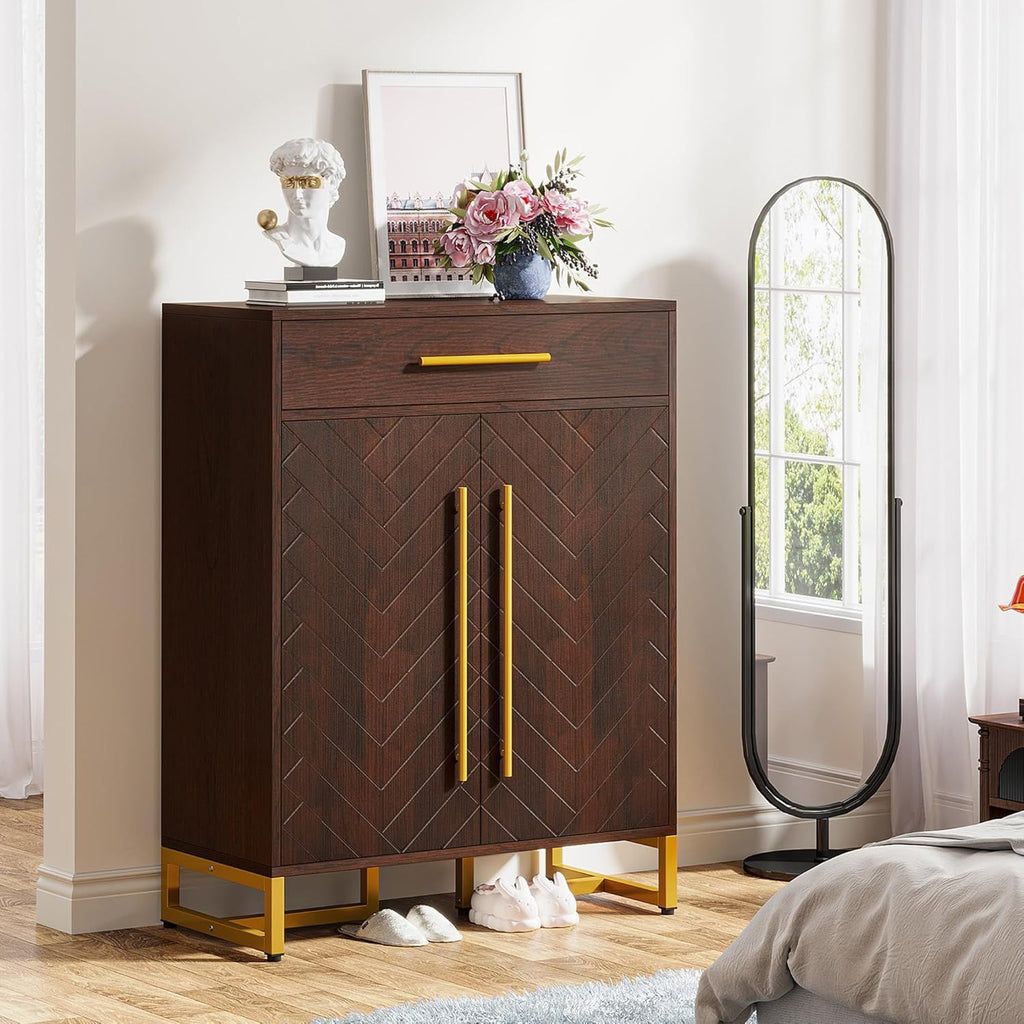 Modern Shoe Cabinet with Drawer and Adjustable Shelves for Entryway
