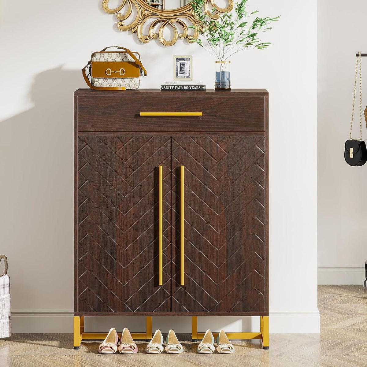 Modern Shoe Cabinet with Drawer and Adjustable Shelves for Entryway