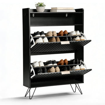 Modern Black Shoe Cabinet with Drawers, Flip-Top Storage & Side Hooks