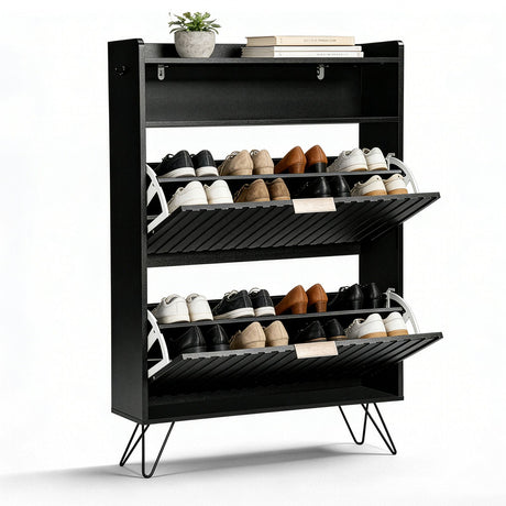 Modern Black Shoe Cabinet with Drawers, Flip-Top Storage & Side Hooks