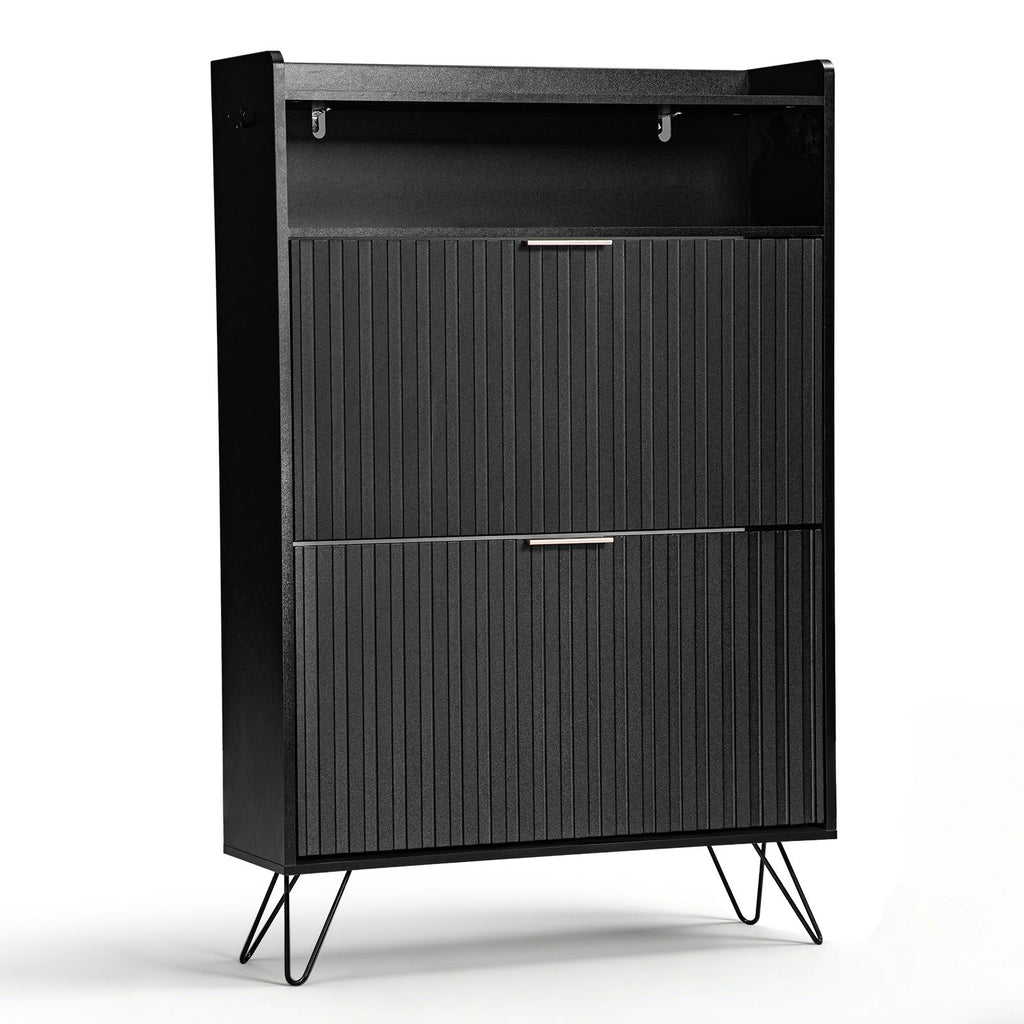 Modern Black Shoe Cabinet with Drawers, Flip-Top Storage & Side Hooks