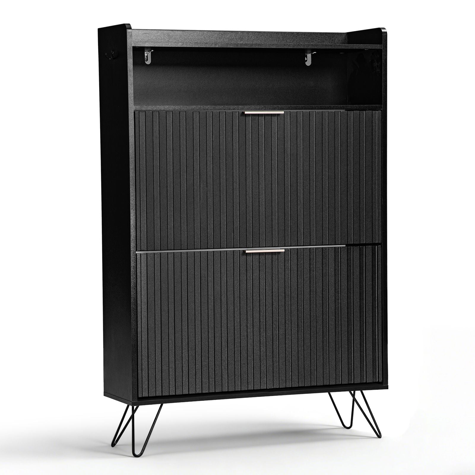 Modern Black Shoe Cabinet with Drawers, Flip-Top Storage & Side Hooks