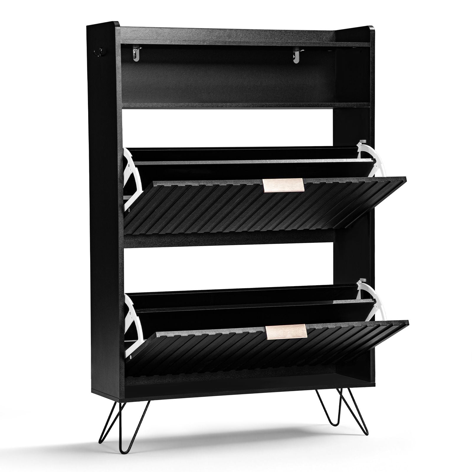 Modern Black Shoe Cabinet with Drawers, Flip-Top Storage & Side Hooks