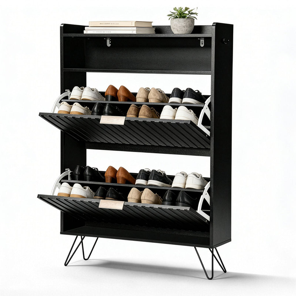 Modern Black Shoe Cabinet with Drawers, Flip-Top Storage & Side Hooks