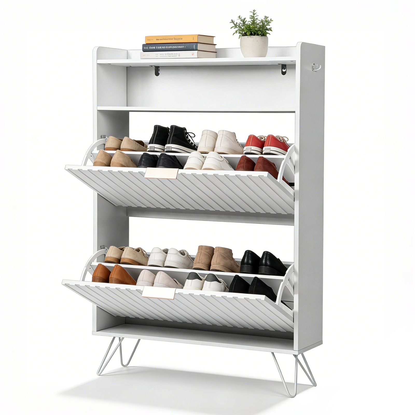 White Shoe Cabinet with Grille Design – Tall Entryway Storage with Drawers & Hooks