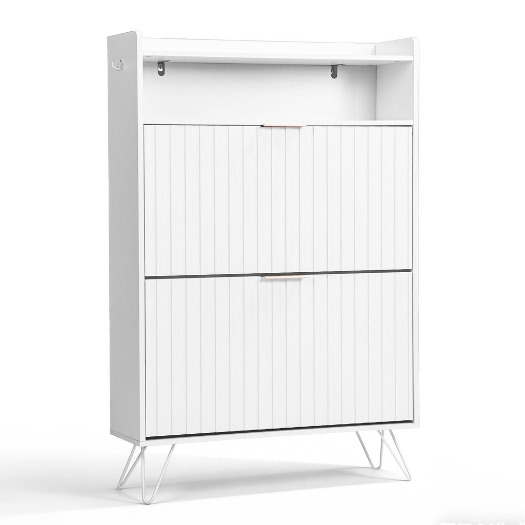 White Shoe Cabinet with Grille Design – Tall Entryway Storage with Drawers & Hooks