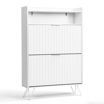 White Shoe Cabinet with Grille Design – Tall Entryway Storage with Drawers & Hooks