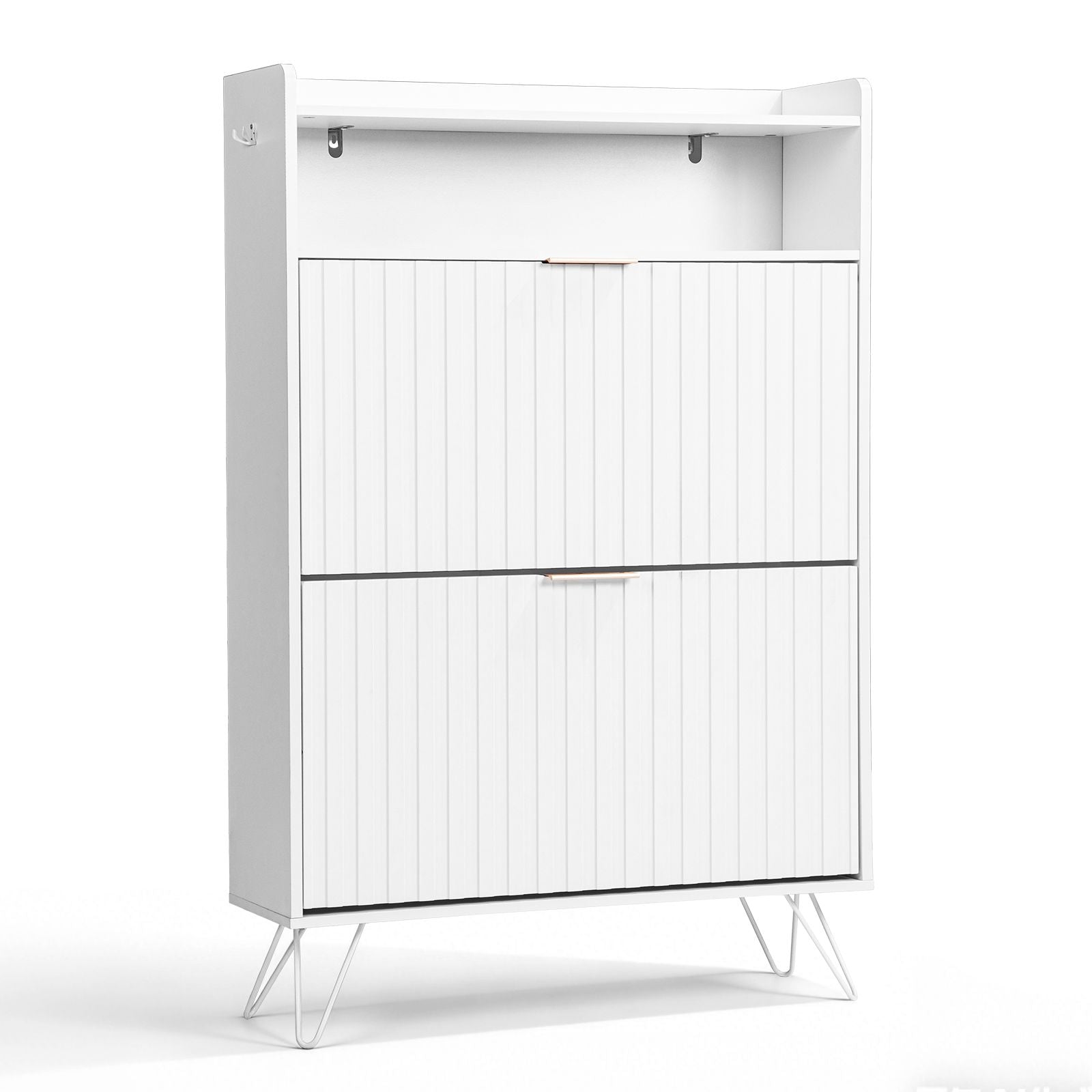 White Shoe Cabinet with Grille Design – Tall Entryway Storage with Drawers & Hooks