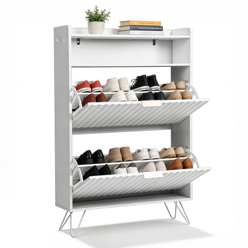 White Shoe Cabinet with Grille Design – Tall Entryway Storage with Drawers & Hooks
