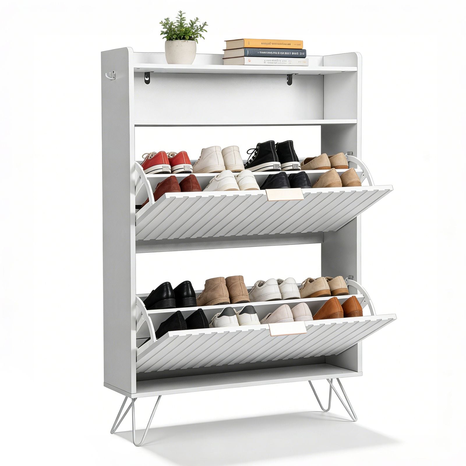 White Shoe Cabinet with Grille Design – Tall Entryway Storage with Drawers & Hooks