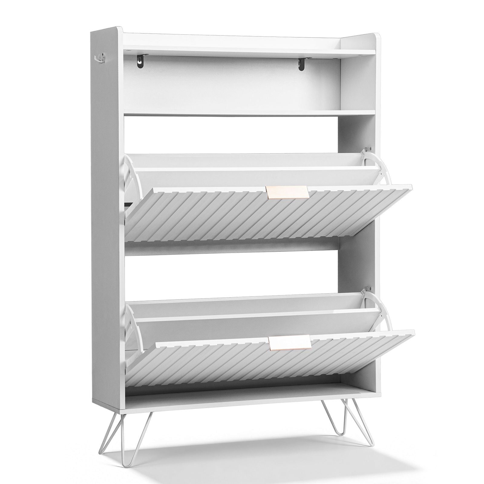 White Shoe Cabinet with Grille Design – Tall Entryway Storage with Drawers & Hooks