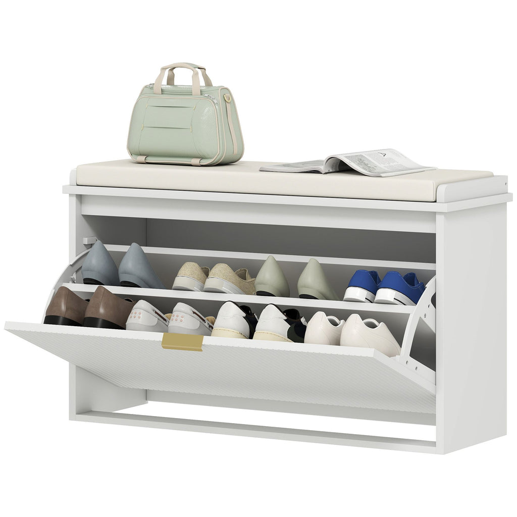 Shoe Storage Bench with Padded Seat and Flip Drawer for Entryways