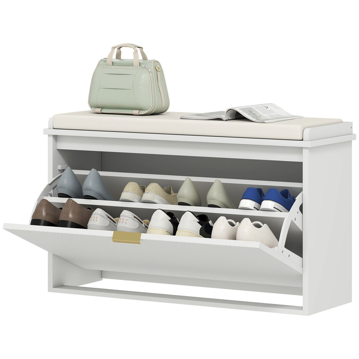 Shoe Storage Bench with Padded Seat and Flip Drawer for Entryways
