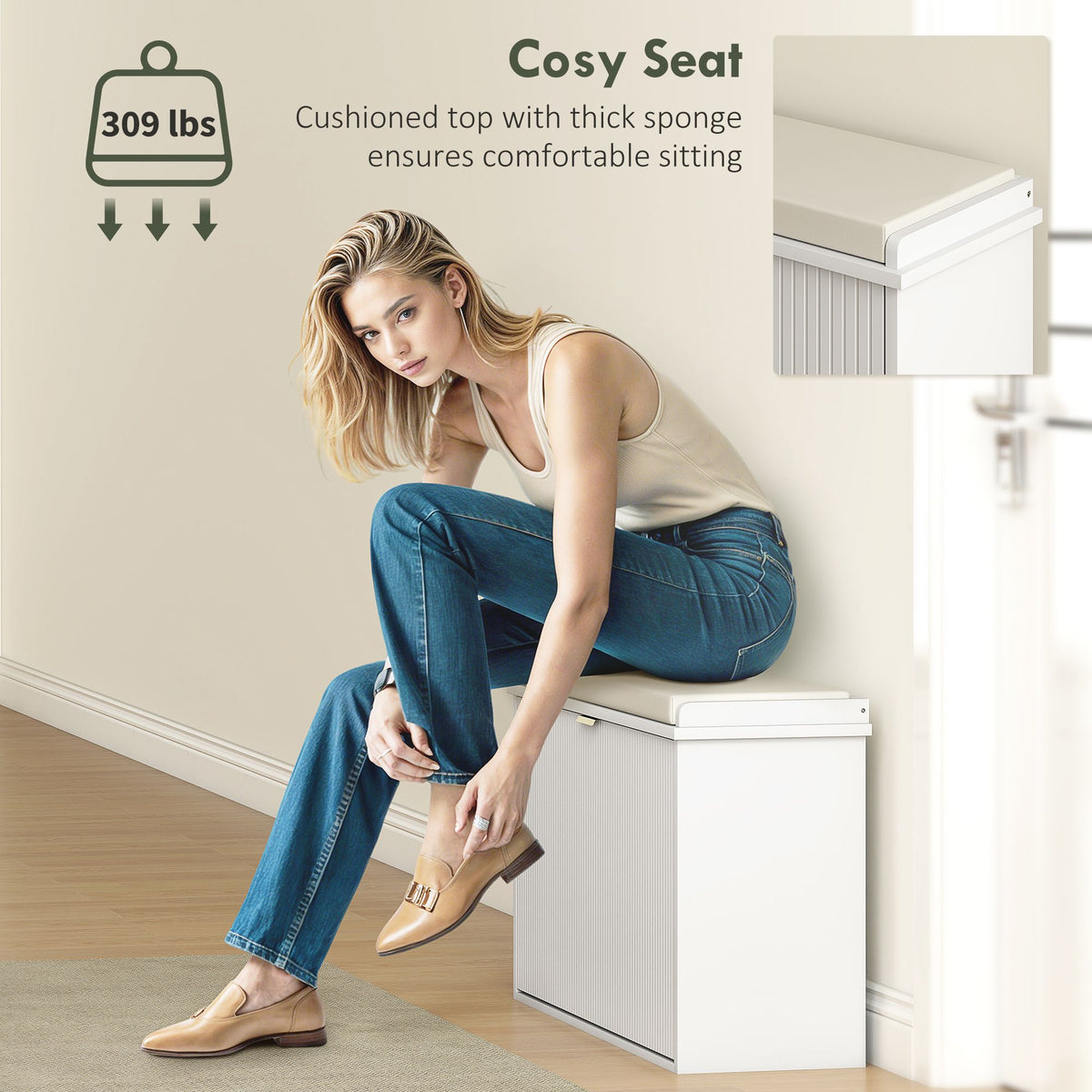 Shoe Storage Bench with Padded Seat and Flip Drawer for Entryways