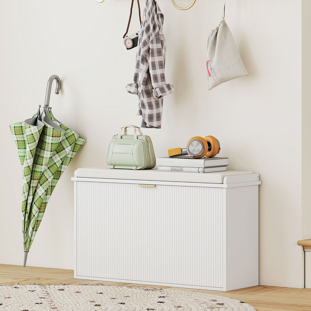 Shoe Storage Bench with Padded Seat and Flip Drawer for Entryways