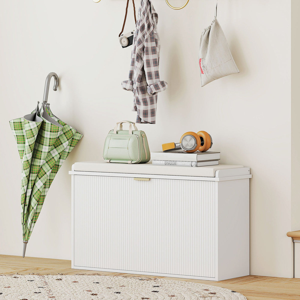 Shoe Storage Bench with Padded Seat and Flip Drawer for Entryways