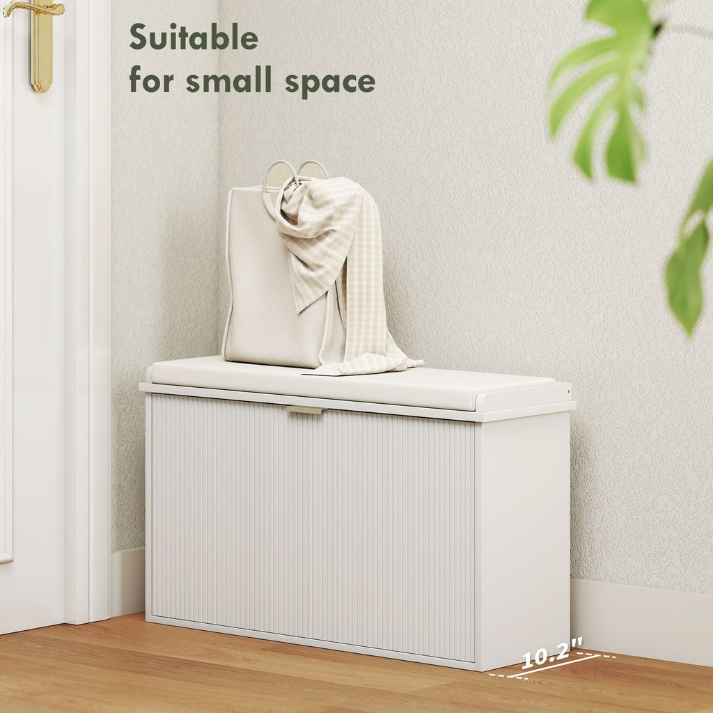 Shoe Storage Bench with Padded Seat and Flip Drawer for Entryways