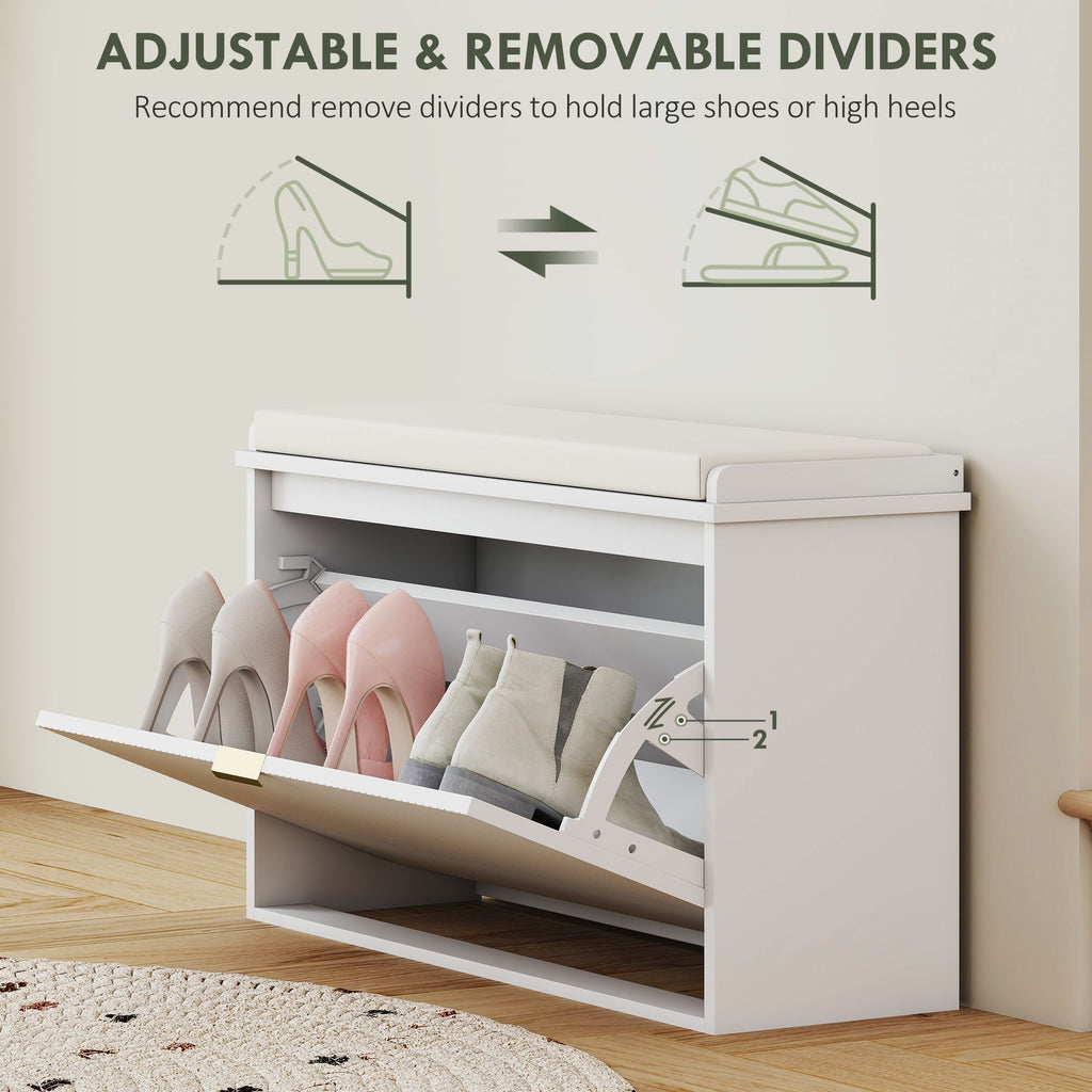 Shoe Storage Bench with Padded Seat and Flip Drawer for Entryways