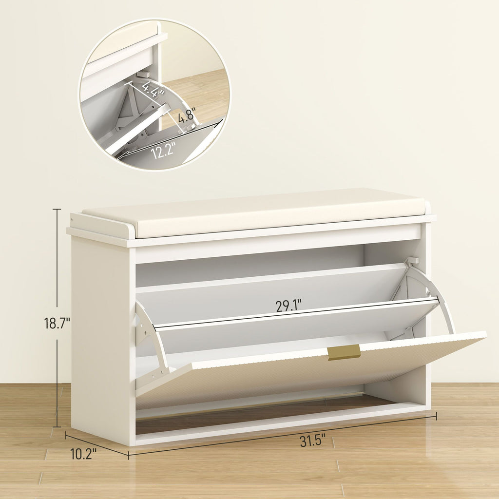 Shoe Storage Bench with Padded Seat and Flip Drawer for Entryways