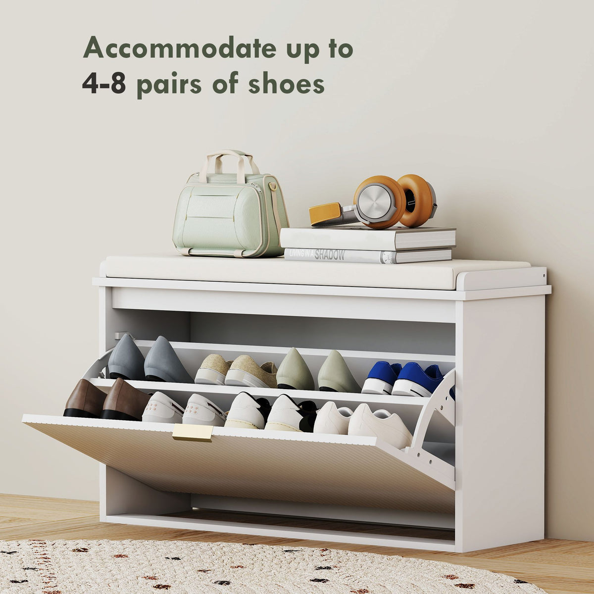 Shoe Storage Bench with Padded Seat and Flip Drawer for Entryways
