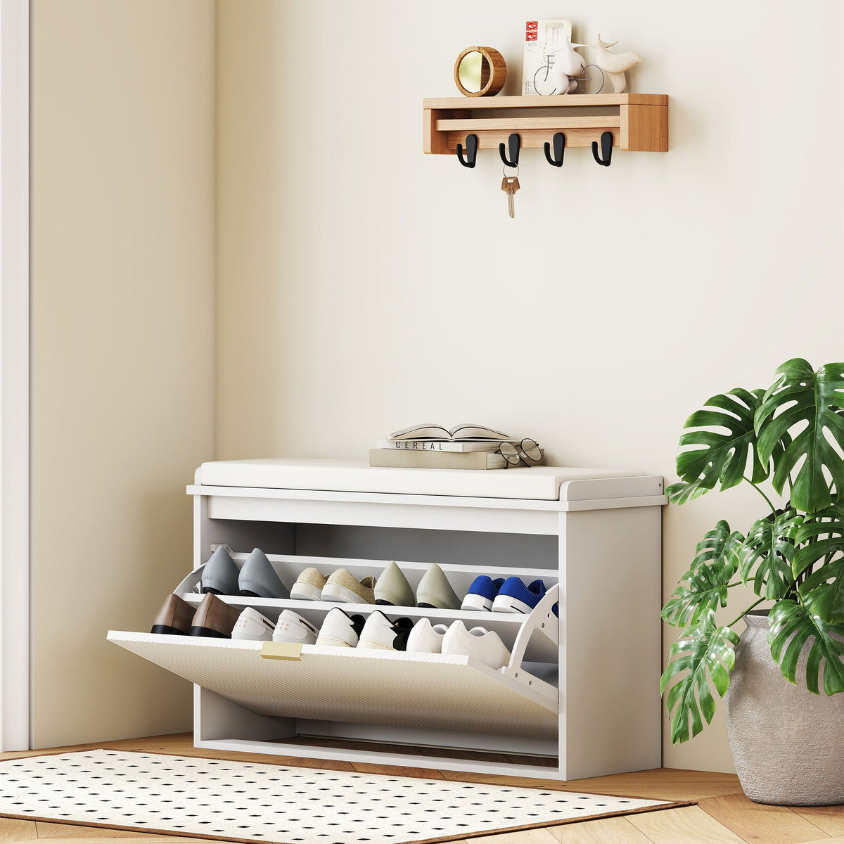 Shoe Storage Bench with Padded Seat and Flip Drawer for Entryways