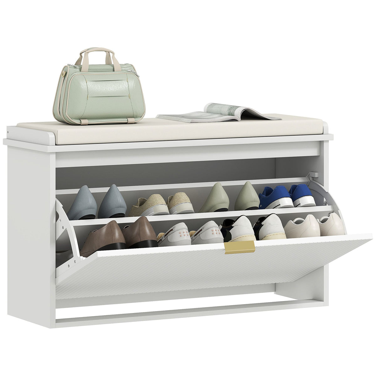 Shoe Storage Bench with Padded Seat and Flip Drawer for Entryways