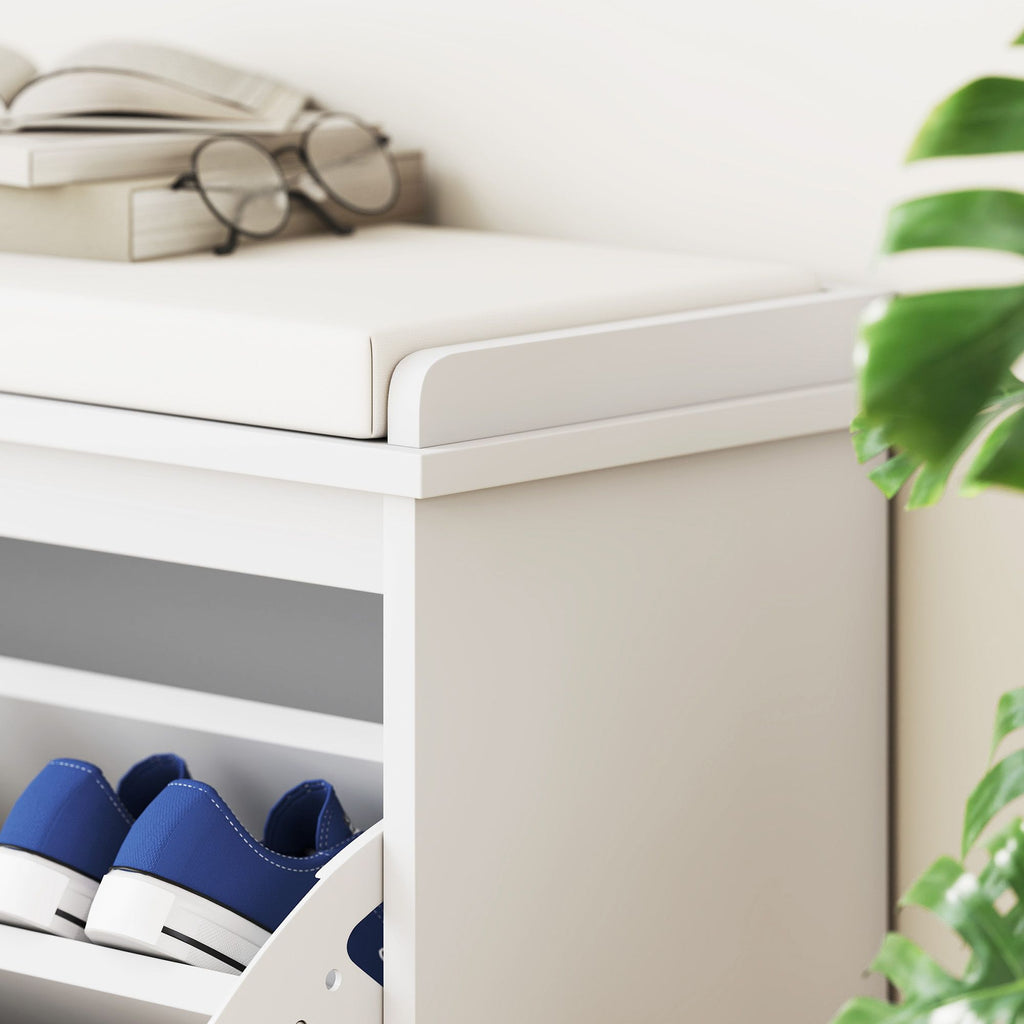 Shoe Storage Bench with Padded Seat and Flip Drawer for Entryways