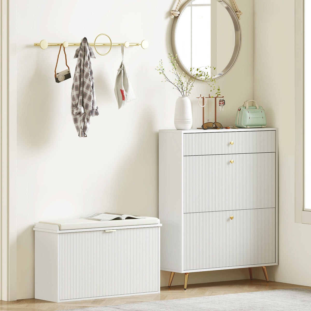 Shoe Storage Bench with Padded Seat and Flip Drawer for Entryways