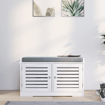 Storage Bench with Padded Seat Cushion and Two Barn Doors