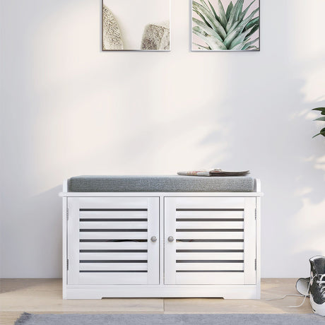 Storage Bench with Padded Seat Cushion and Two Barn Doors
