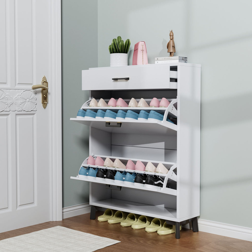 Freestanding Shoe Organizer with Flip-Top Drawers and Bottom Rack