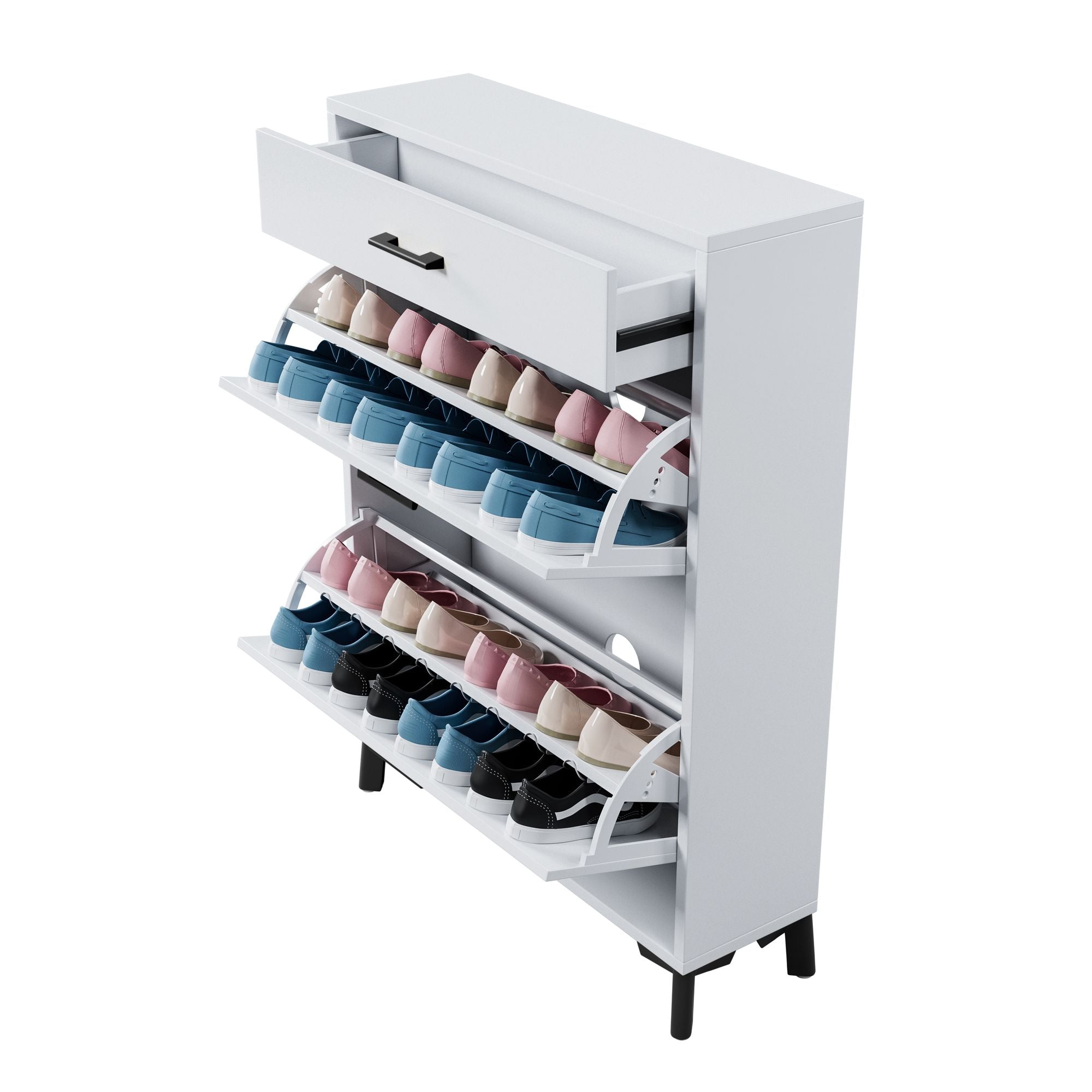 Freestanding Shoe Organizer with Flip-Top Drawers and Bottom Rack